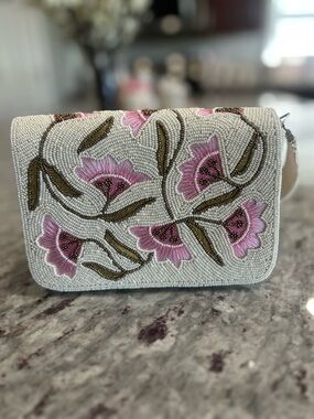 Beaded Floral Bag - Pink on White